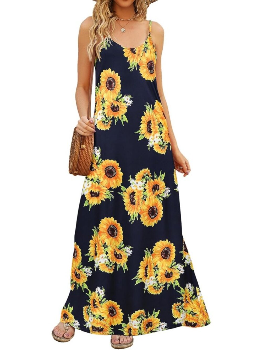 Bohemian Summer Maxi Dress - Women's V-Neck Spaghetti Strap Long Dress